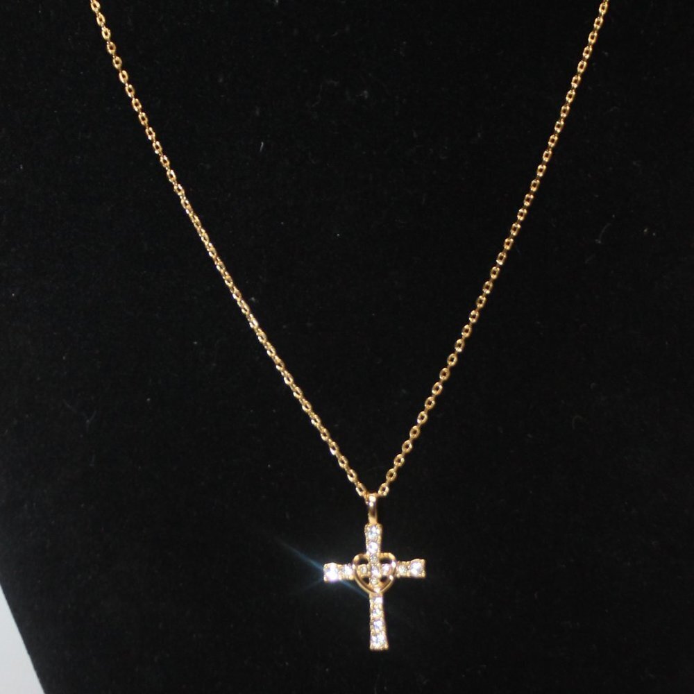 Cubic Zirconia Heart Cross Charm in Gold